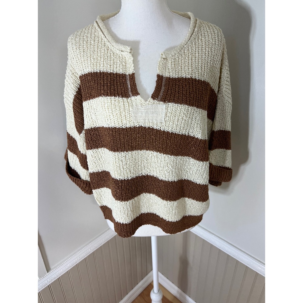 Zenana Striped Knit Sweater Deep Camel Cream V-Neck Short Sleeve L/XL - Picture 3 of 13